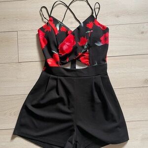 Black and Red Embellished Mini Dress with Plunge Neckline